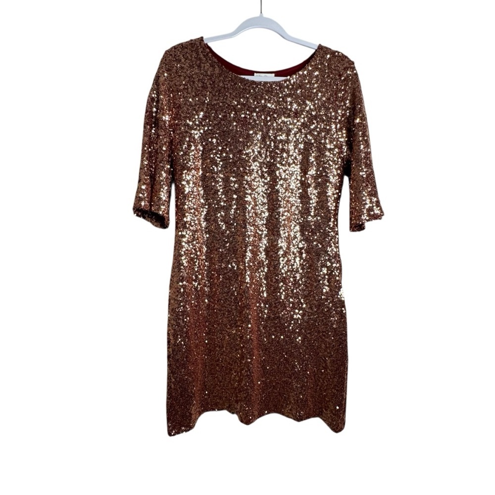 Allie Rose Sequin Dress Womens Size L Rose Gold Party Cocktail Bell Sleeve I17